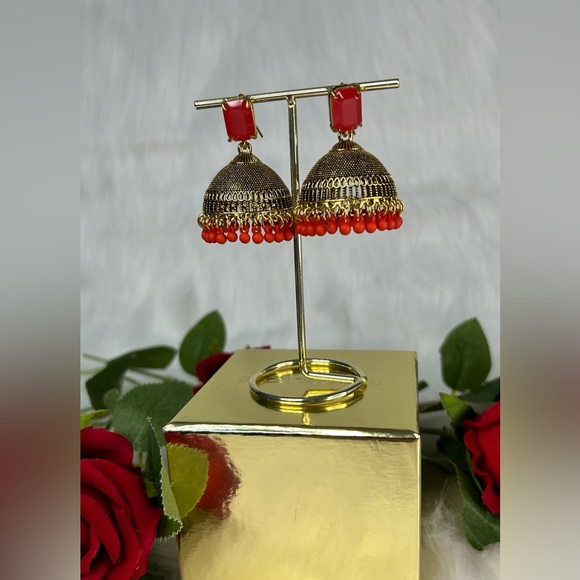 Beautiful Red Gold Jhumkas - Picture 4 of 5